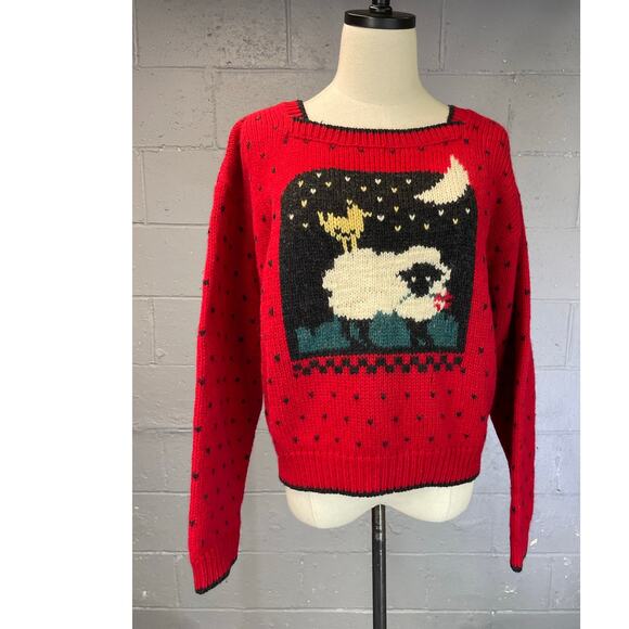 Vintage Woolrich Sheep Moon Novelty Knit Wool Sweater Red Black Medium Large - Picture 1 of 13